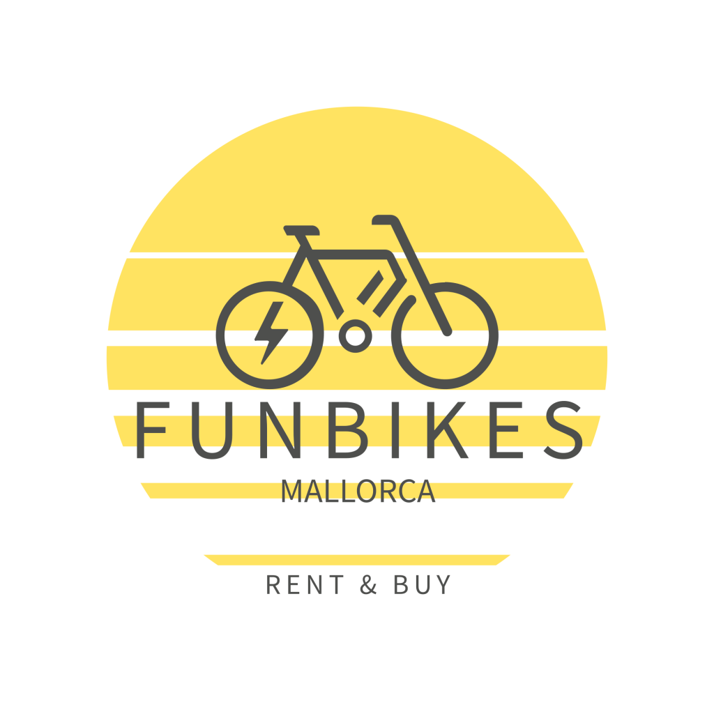 Logo de Funbikes Mallorca avec un vélo et un arrière-plan jaune en rayures.